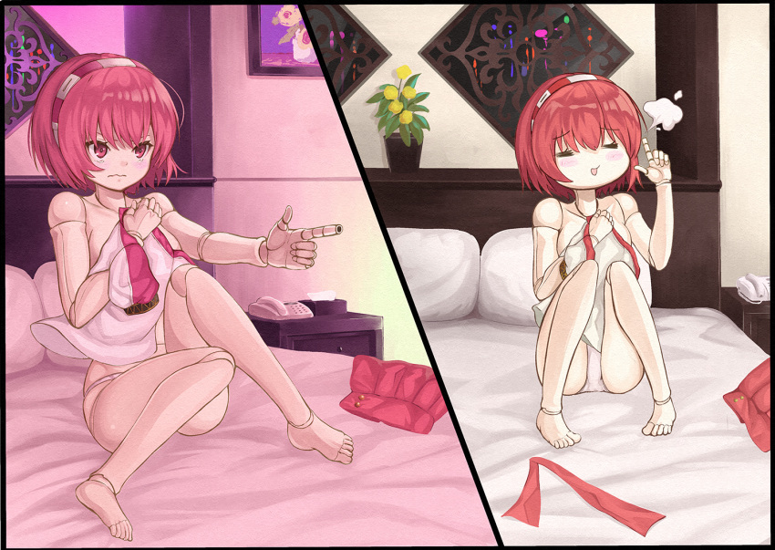 1girl =3 =_= barefoot bed bed_sheet blush closed_eyes closed_mouth collarbone commentary commentary_request dorothy_haze eyebrows_visible_through_hair finger_cannon furrowed_eyebrows hairband holding_shirt multiple_views numazume on_bed open_mouth panties phone plant pleated_skirt potted_plant red_eyes red_skirt redhead robot_joints shirt_removed short_hair sitting skirt skirt_removed tears tissue tissue_box topless underwear va-11_hall-a wavy_mouth white_pillow