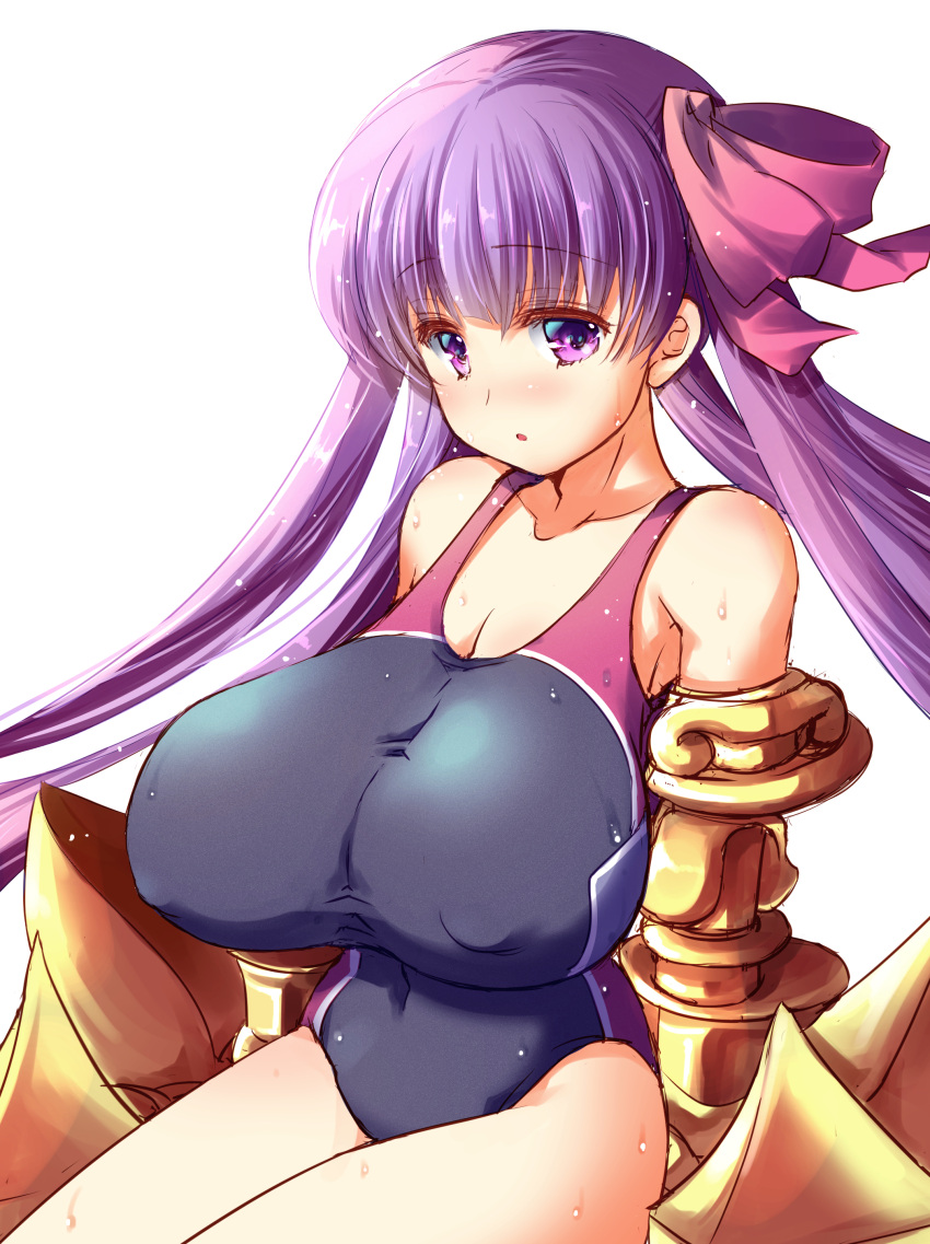 absurdres breasts covered_nipples fate/extra fate/extra_ccc fate/grand_order fate_(series) fujiyama_takashi hair_ribbon highres huge_breasts looking_at_viewer one-piece_swimsuit passion_lip pink_ribbon purple_hair purple_ribbon ribbon swimsuit