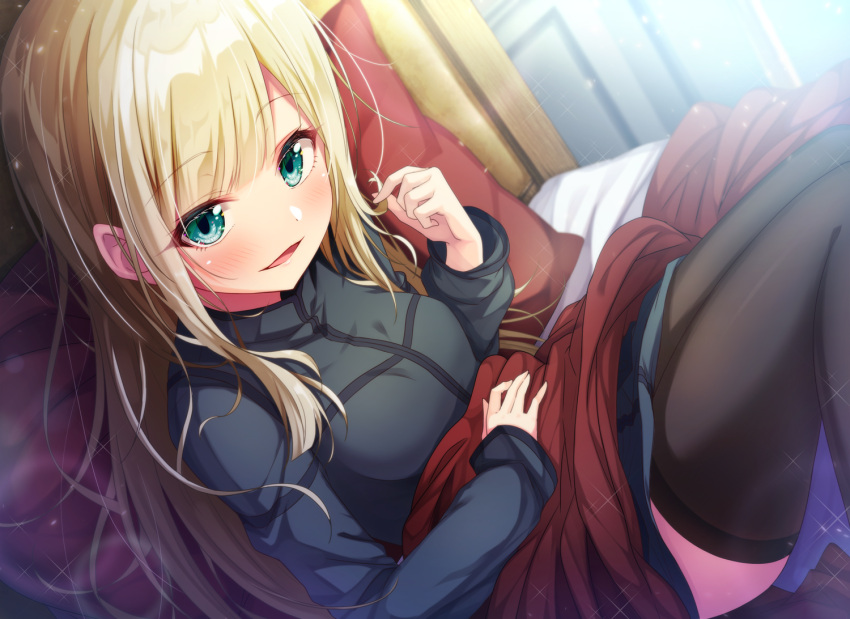 1girl bangs bed black_legwear blonde_hair blue_eyes breasts commentary_request eyebrows_visible_through_hair fate_(series) long_hair long_sleeves looking_at_viewer lord_el-melloi_ii_case_files matokechi medium_breasts on_bed red_pillow reines_el-melloi_archisorte sitting smile solo thigh-highs