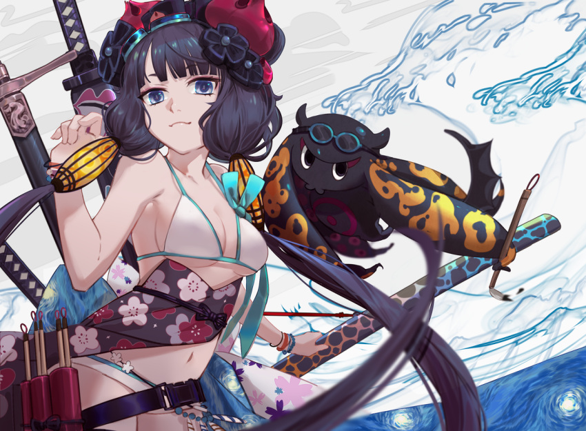 1girl bikini black_kimono blue_eyes bow bracelet breasts calligraphy_brush checkered checkered_bow csyko fate/grand_order fate_(series) fine_art_parody floral_print giant_brush goggles goggles_on_head hair_bun hair_ornament hairpin heroic_spirit_festival_outfit heroic_spirit_traveling_outfit holding holding_paintbrush ink japanese_clothes jewelry katana katsushika_hokusai_(fate/grand_order) katsushika_hokusai_(swimsuit_saber)_(fate) kimono multiple_swords nihonga octopus paintbrush parody purple_hair swimsuit sword ukiyo-e weapon white_bikini