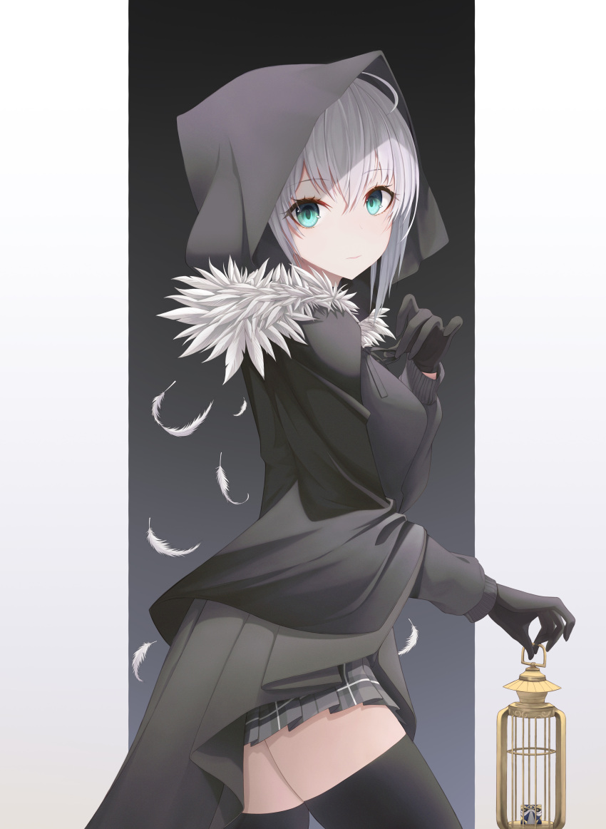 1girl absurdres ahoge aqua_eyes black_gloves black_legwear black_ribbon black_skirt breasts cloak closed_mouth commentary_request fakegeo fate/grand_order fate_(series) feather_trim feathers from_side gloves gray_(lord_el-melloi_ii) highres holding_lantern hood hooded_cloak lantern long_sleeves looking_at_viewer looking_to_the_side lord_el-melloi_ii_case_files medium_breasts miniskirt plaid plaid_skirt pleated_skirt ribbon short_hair silver_hair skirt solo thigh-highs zettai_ryouiki