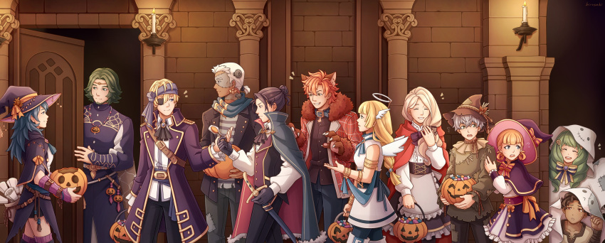 5girls 6+boys absurdres annette_fantine_dominic armlet ashe_ubert beard belt birusabi black_gloves blonde_hair blue_eyes blue_hair bow bracelet brown_eyes brown_hair byleth_(fire_emblem) byleth_eisner_(female) candle candy cape closed_eyes closed_mouth cyril_(fire_emblem) dark_skin dark_skinned_male dedue_molinaro dimitri_alexandre_blaiddyd door eyepatch facial_hair felix_hugo_fraldarius fire_emblem fire_emblem:_three_houses flayn_(fire_emblem) food from_side gloves green_eyes green_hair grey_hair grin hair_ornament halloween_basket halloween_costume halo hat highres holding holding_sword holding_weapon ingrid_brandl_galatea jewelry long_hair long_sleeves mercedes_von_martritz multiple_boys multiple_girls open_door open_mouth orange_hair red_eyes redhead seteth_(fire_emblem) short_hair smile stitches sword sylvain_jose_gautier twintails weapon white_hair wing_hair_ornament witch_hat