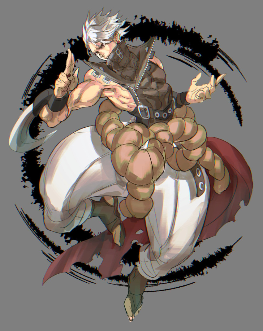 1boy arm_blade bare_shoulders belt blade chipp_zanuff earring_removed grey_background guilty_gear guilty_gear_2020 hand_gesture highres male_focus muscle open_mouth puffy_pants red_eyes solo sutegoro teeth torn_clothes turtleneck upper_teeth weapon white_hair zipper_pull_tab