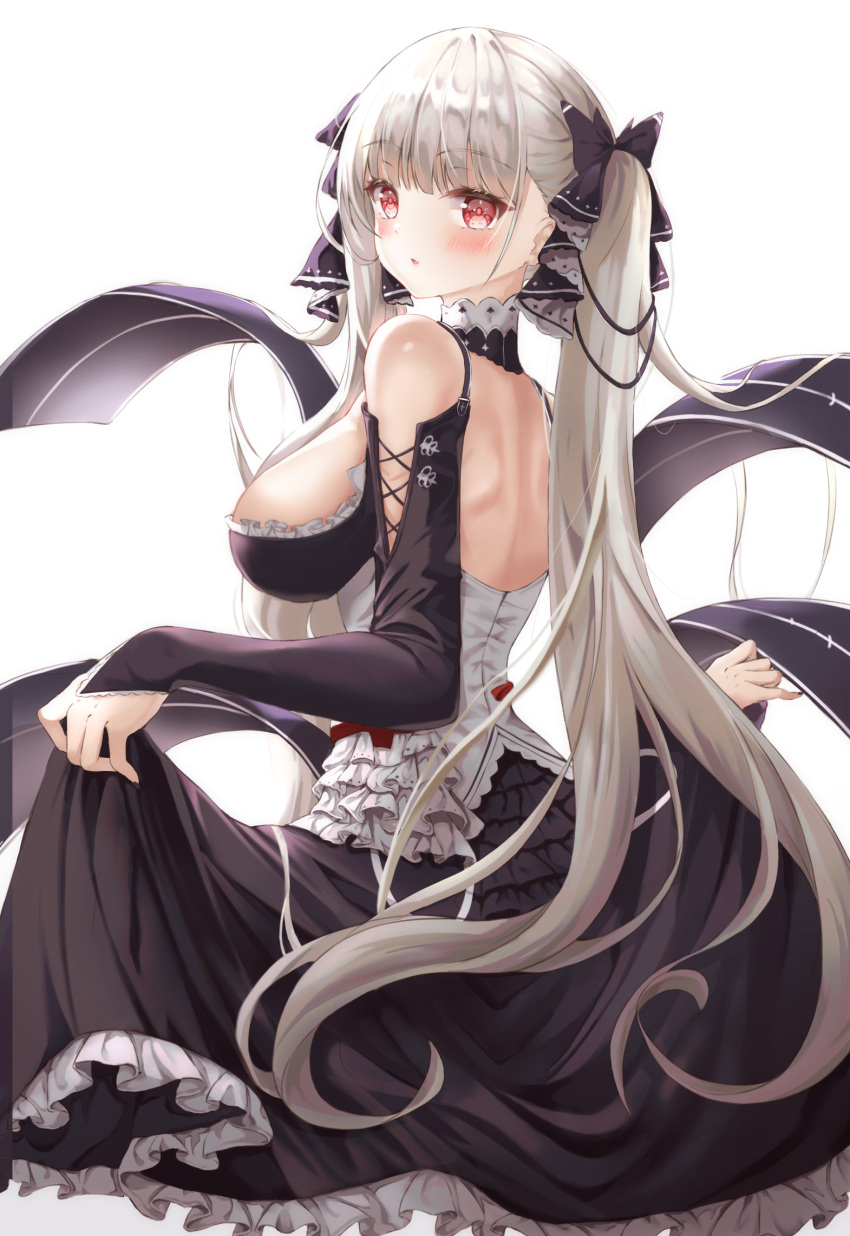 1girl azur_lane back bare_shoulders black_bow black_dress bow breasts detached_collar dress dress_lift flight_deck formidable_(azur_lane) frilled_dress frills from_side grey_hair hair_bow highres long_hair long_sleeves looking_at_viewer looking_to_the_side lotpi medium_breasts parted_lips red_eyes simple_background solo standing twintails very_long_hair white_background