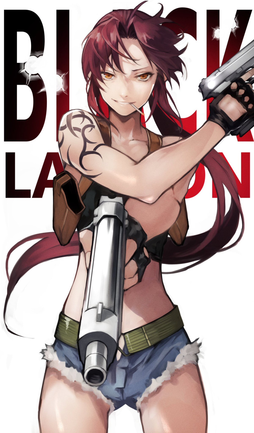 1girl 55level belt black_lagoon breasts brown_eyes brown_hair cigarette copyright_name denim denim_shorts dual_wielding fingerless_gloves gloves gun handgun highres holding holding_gun holding_weapon holster large_breasts long_hair looking_at_viewer midriff navel pistol ponytail revy_(black_lagoon) shorts solo tank_top tattoo weapon