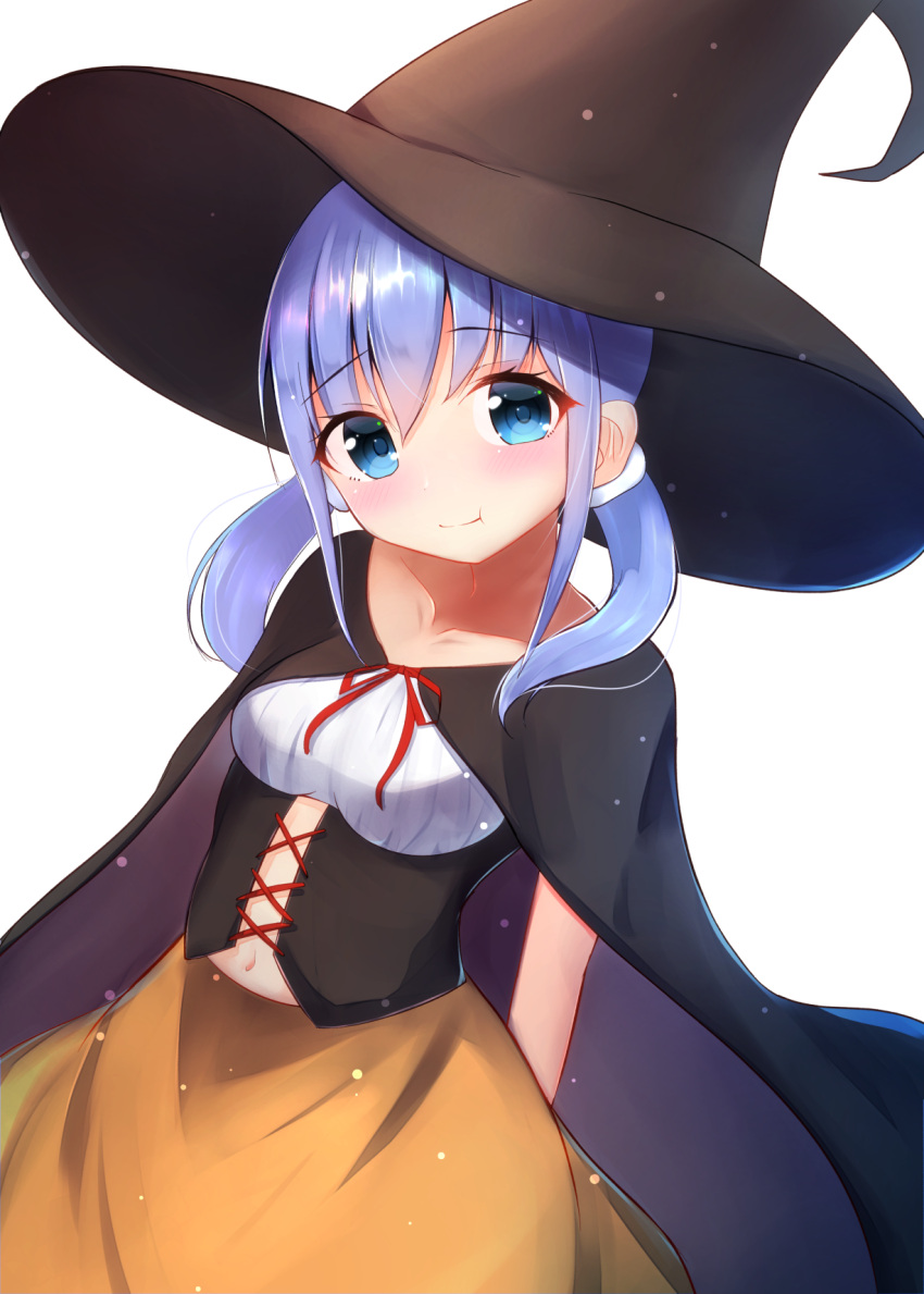 1girl :t bangs black_cape blue_eyes blue_hair blush breasts brown_headwear brown_skirt cape closed_mouth collarbone commentary_request corset dutch_angle eyebrows_visible_through_hair hair_between_eyes hat highres long_hair looking_at_viewer navel neck_ribbon nijisanji red_ribbon ribbon shirt simple_background skirt small_breasts solo twintails virtual_youtuber white_background white_shirt witch_hat ymd_(holudoun) yuuki_chihiro