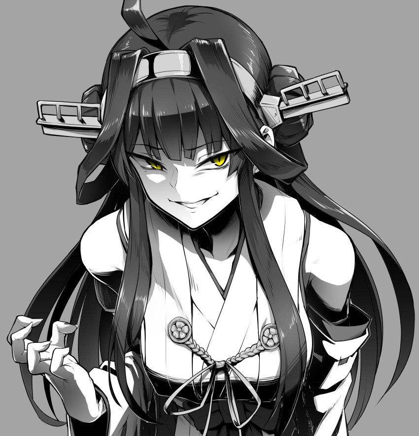 1girl absurdres ahoge bangs bare_shoulders breasts detached_sleeves double_bun ebiblue eyebrows_visible_through_hair gesugao greyscale hairband hand_up headgear highres japanese_clothes kantai_collection kongou_(kantai_collection) long_hair looking_at_viewer monochrome nontraditional_miko open_mouth remodel_(kantai_collection) school_uniform shaded_face slit_pupils smile solo spot_color yellow_eyes