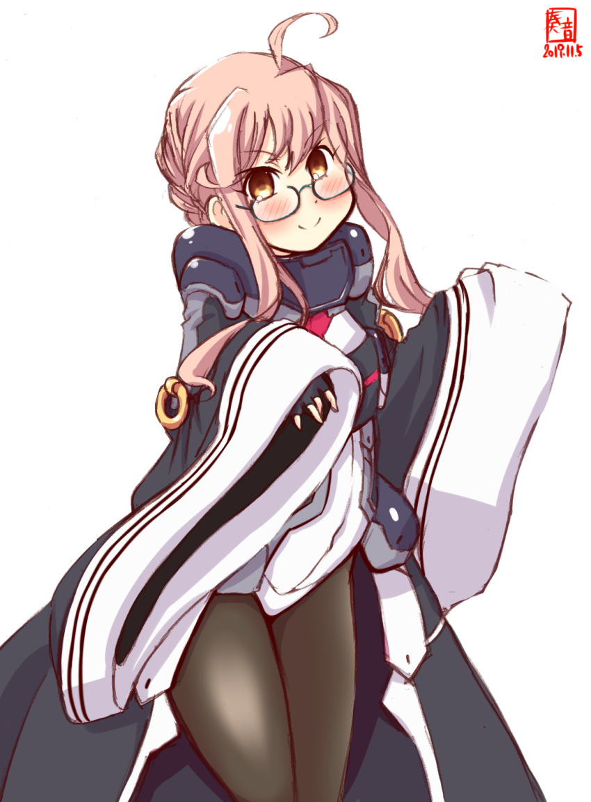 1girl alternate_costume antenna_hair artist_logo black_legwear blush breasts cowboy_shot dated double_bun feet_out_of_frame glasses highres kanon_(kurogane_knights) kantai_collection leotard long_sleeves makigumo_(kantai_collection) pantyhose pink_hair signature simple_background sleeves_past_wrists small_breasts smile solo tunic twintails white_background white_leotard wide_sleeves yellow_eyes