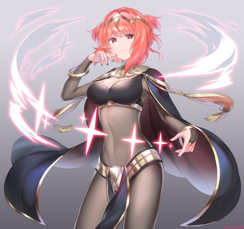 1girl bodysuit bracelet breasts bridal_gauntlets cape closed_mouth commentary_request cosplay fire_emblem fire_emblem_awakening fire_emblem_fates fire_emblem_heroes futabaaf highres jewelry medium_breasts nail_polish pink_hair sakura_(fire_emblem) see-through short_hair simple_background skin_tight solo tharja tharja_(cosplay) tiara