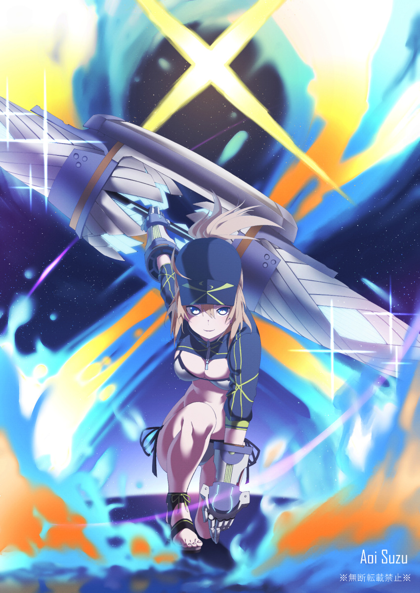 1girl ahoge aoi_suzu artoria_pendragon_(all) baseball_cap bikini blonde_hair blue_eyes breasts crop_top energy fate/grand_order fate_(series) gauntlets hat highres large_breasts mysterious_heroine_xx_(foreigner) one_knee ponytail sandals sky smile star_(sky) starry_sky swimsuit twinmyniad