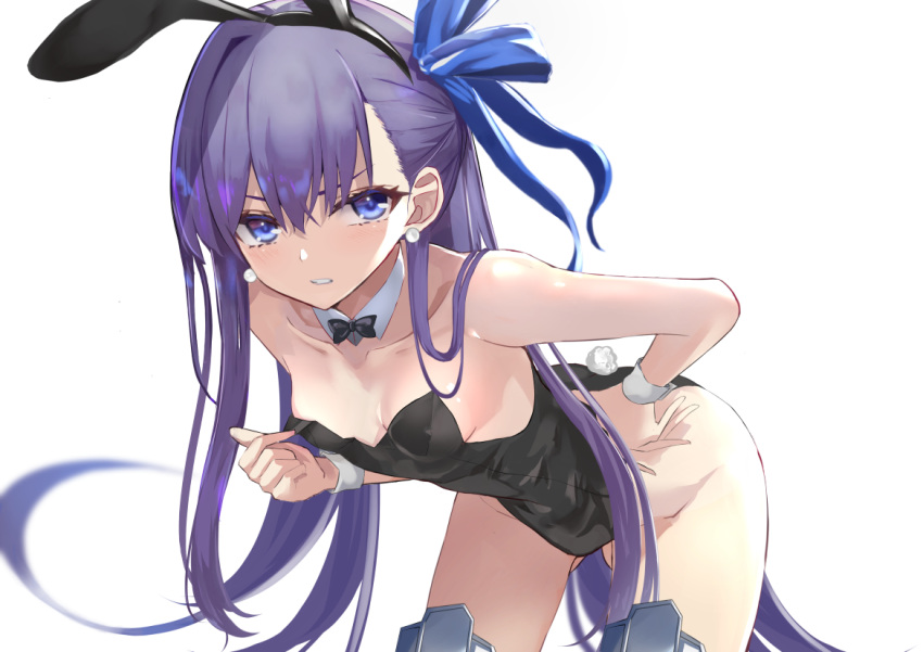 1girl animal_ears ass_visible_through_thighs bare_shoulders bent_over black_hairband black_leotard blue_eyes blue_ribbon blush breasts bunny_tail bunnysuit clenched_teeth collarbone commentary_request detached_collar earrings fake_animal_ears fake_tail fate/grand_order fate_(series) grey_legwear hair_ribbon hairband hand_on_hip jewelry kesoshirou leotard long_hair looking_at_viewer meltryllis parted_lips purple_hair rabbit_ears ribbon simple_background small_breasts solo strapless strapless_leotard tail teeth thigh-highs v-shaped_eyebrows very_long_hair white_background wrist_cuffs