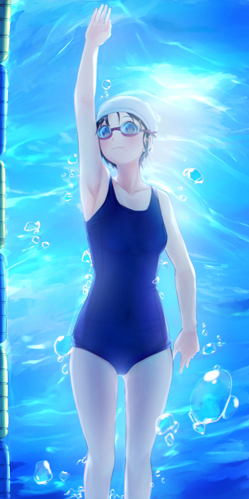 1girl absurdres air_bubble arm_up armpits ass_visible_through_thighs backlighting blue_swimsuit blush breasts brown_eyes bubble chromatic_aberration closed_mouth collarbone covered_navel from_below goggles highres lane_line looking_at_viewer new_school_swimsuit one-piece_swimsuit original pool school_swimsuit short_hair shun'ya_(daisharin36) small_breasts solo submerged sunlight swim_cap swimming swimsuit underwater water