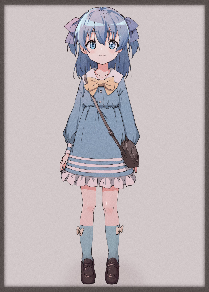 1girl :3 absurdres arms_at_sides bag blue_bow blue_dress blue_eyes blue_hair blue_legwear bow brown_bag brown_footwear dress eyebrows_visible_through_hair frilled_dress frills full_body grey_background heart highres loafers looking_at_viewer medium_hair morio926 nijisanji raised_eyebrows shoes socks solo standing two_side_up yellow_bow yuuki_chihiro
