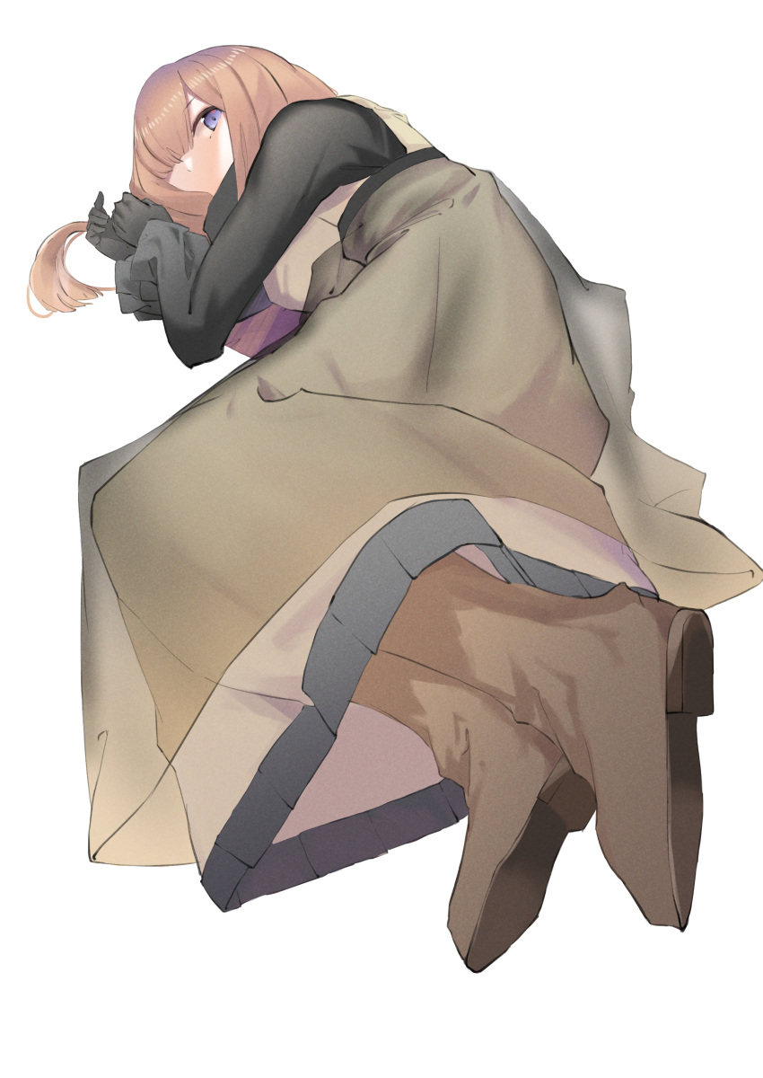 1girl absurdres black_gloves blue_eyes brown_eyes brown_footwear brown_hair brown_skirt gloves hair_over_one_eye highres leglet4 long_hair long_sleeves looking_at_viewer lying on_side original simple_background skirt solo white_background