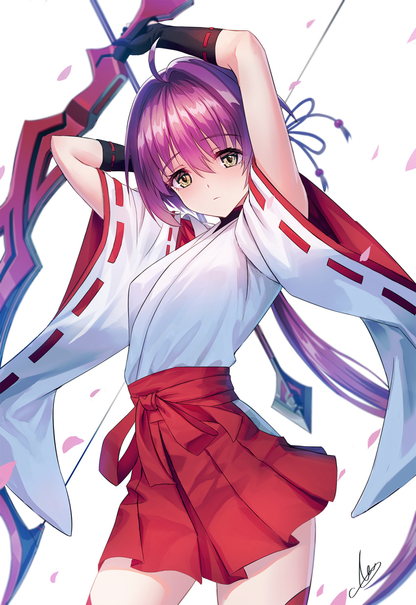 1girl ahoge arms_up arrow bangs black_gloves bow_(weapon) cowboy_shot eyebrows_visible_through_hair floating_hair gloves hair_between_eyes hair_intakes hakama hakama_skirt highres holding holding_arrow holding_bow_(weapon) holding_weapon japanese_clothes kimono long_hair long_sleeves looking_at_viewer original ponytail purple_hair red_hakama ribbon-trimmed_sleeves ribbon_trim shiny shiny_hair signature sion_(9117) solo standing very_long_hair weapon white_background white_kimono wide_sleeves yellow_eyes