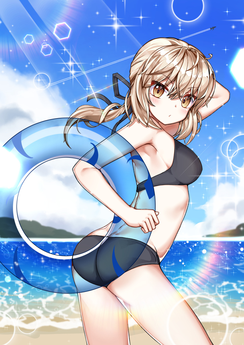 1girl absurdres artoria_pendragon_(all) artoria_pendragon_(swimsuit_rider_alter) bangs beach bikini black_bikini black_ribbon blonde_hair blush breasts commentary_request day eyebrows_visible_through_hair fate/grand_order fate_(series) from_side hair_ribbon highres holding holding_innertube innertube looking_at_viewer medium_breasts medium_hair oguri_(pixiv25574366) outdoors ribbon solo swimsuit water yellow_eyes