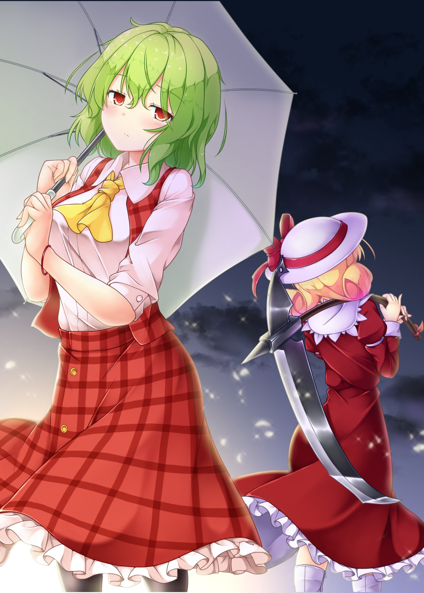 2girls absurdres aka_tawashi ascot ass blonde_hair blush bow breasts commentary_request dress elly eyebrows_visible_through_hair feet_out_of_frame from_behind green_hair green_umbrella hair_between_eyes hat hat_bow highres holding holding_scythe holding_umbrella holding_weapon juliet_sleeves kazami_yuuka large_breasts long_sleeves looking_at_viewer multiple_girls over_shoulder petticoat plaid plaid_skirt plaid_vest puffy_sleeves red_bow red_dress red_eyes red_ribbon red_skirt red_vest ribbon scythe shirt short_hair short_sleeves skirt standing touhou touhou_(pc-98) umbrella vest weapon weapon_over_shoulder white_headwear white_shirt wing_collar yellow_neckwear