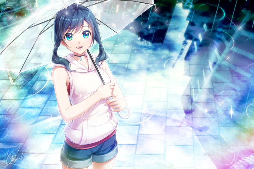 1girl :d amano_hina_(tenki_no_ko) bangs black_hair blue_eyes blue_shorts choker collarbone cowboy_shot denim denim_shorts from_above highres holding holding_umbrella hood hood_down hooded_vest long_hair looking_at_viewer open_mouth rain shiny shiny_hair short_shorts shorts smile solo sparkle standing swept_bangs tenki_no_ko transparent transparent_umbrella umbrella vest white_umbrella white_vest you_haruka