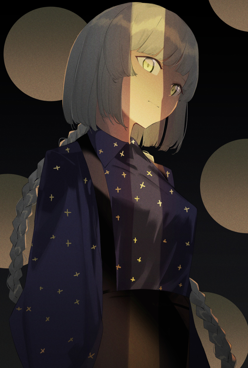 1girl absurdres bangs black_background blue_robe breasts grey_hair highres leglet4 light long_braid looking_at_viewer medium_breasts original simple_background solo standing star star_print yellow_eyes