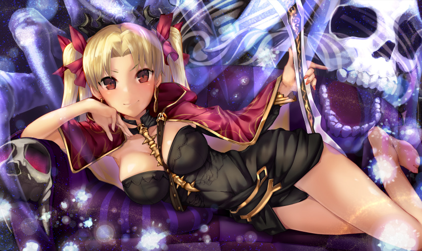 1girl absurdres bangs black_cape black_leotard blonde_hair blush buckle cape closed_mouth earrings ereshkigal_(fate/grand_order) eyebrows_visible_through_hair fate/grand_order fate_(series) foreshortening hair_ornament hair_ribbon highres huge_filesize jewelry leotard light_particles long_hair looking_at_viewer lying on_side red_eyes red_ribbon ribbon satou_daiji shiny shiny_skin skull smile solo tiara