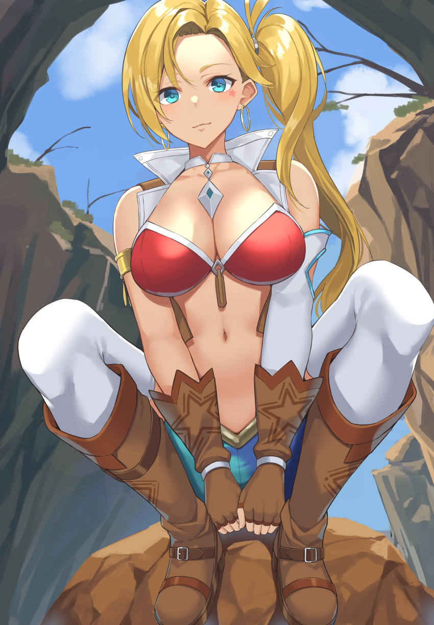 1girl absurdres aqua_eyes between_legs blonde_hair blue_shorts boots breasts brown_footwear brown_gloves brown_vest calamity_jane_(fate/grand_order) cropped_vest earrings elbow_gloves fate/grand_order fate_(series) fingerless_gloves full_body gloves hand_between_legs highres hoop_earrings jewelry medium_breasts phano_(125042) red_bikini_top short_shorts shorts side_ponytail single_elbow_glove solo squatting star_tattoo tattoo thigh-highs vest white_gloves white_legwear