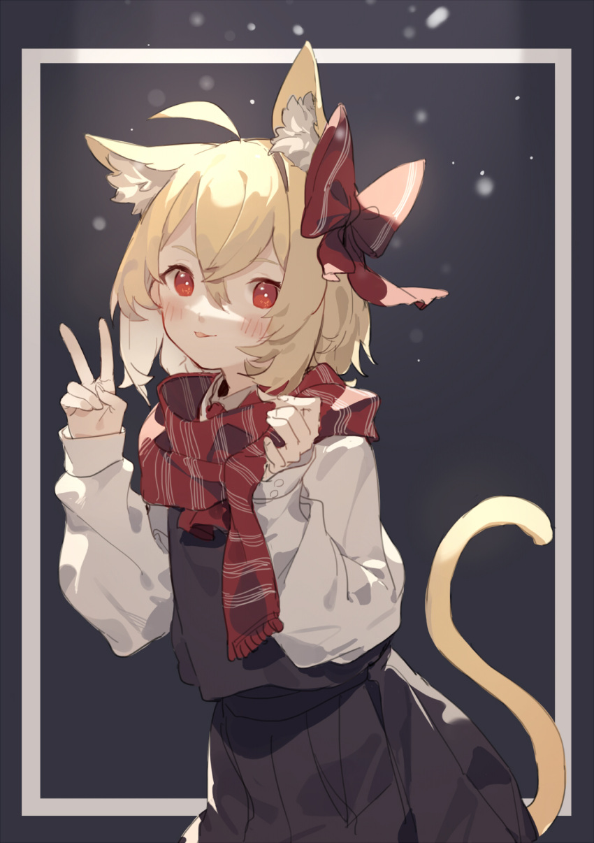 1girl :p ahoge animal_ear_fluff animal_ears bangs black_background black_skirt black_vest blonde_hair blush bow cat_ears cat_tail commentary cowboy_shot hair_between_eyes hair_bow hands_up highres kemonomimi_mode long_sleeves looking_at_viewer outside_border pleated_skirt red_bow red_eyes red_scarf rumia scarf sh_(562835932) shirt short_hair simple_background skirt skirt_set smile solo standing tail tongue tongue_out touhou v vest white_shirt