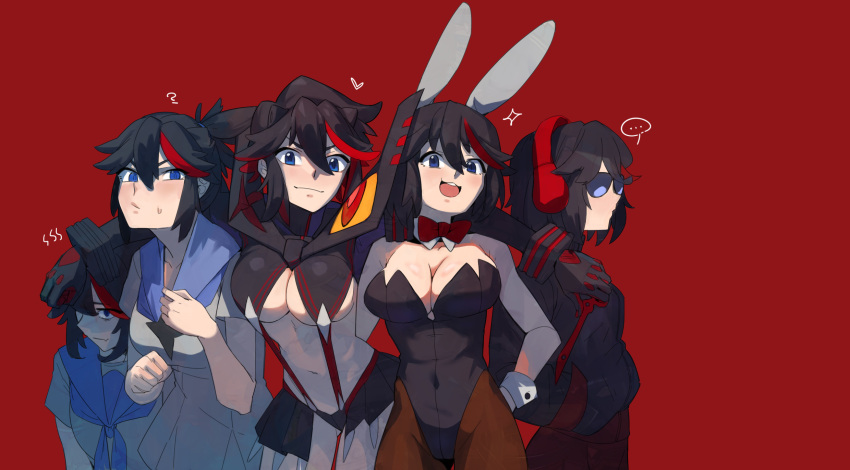 ... 1girl ? animal_ears arms_around_neck bare_shoulders black_gloves black_hair blue_eyes bow breasts bunnysuit closed_mouth covered_navel cuffs fang gloves hand_on_hip hands_in_pockets headphones heart highres hirundo_rustica holding holding_weapon hood hoodie kill_la_kill matoi_ryuuko medium_hair multicolored multicolored_hair navel ponytail rabbit_ears red_background red_bow red_gloves redhead school_uniform senketsu simple_background smile sparkle speech_bubble stamp sunglasses sweat teeth tongue upper_teeth weapon