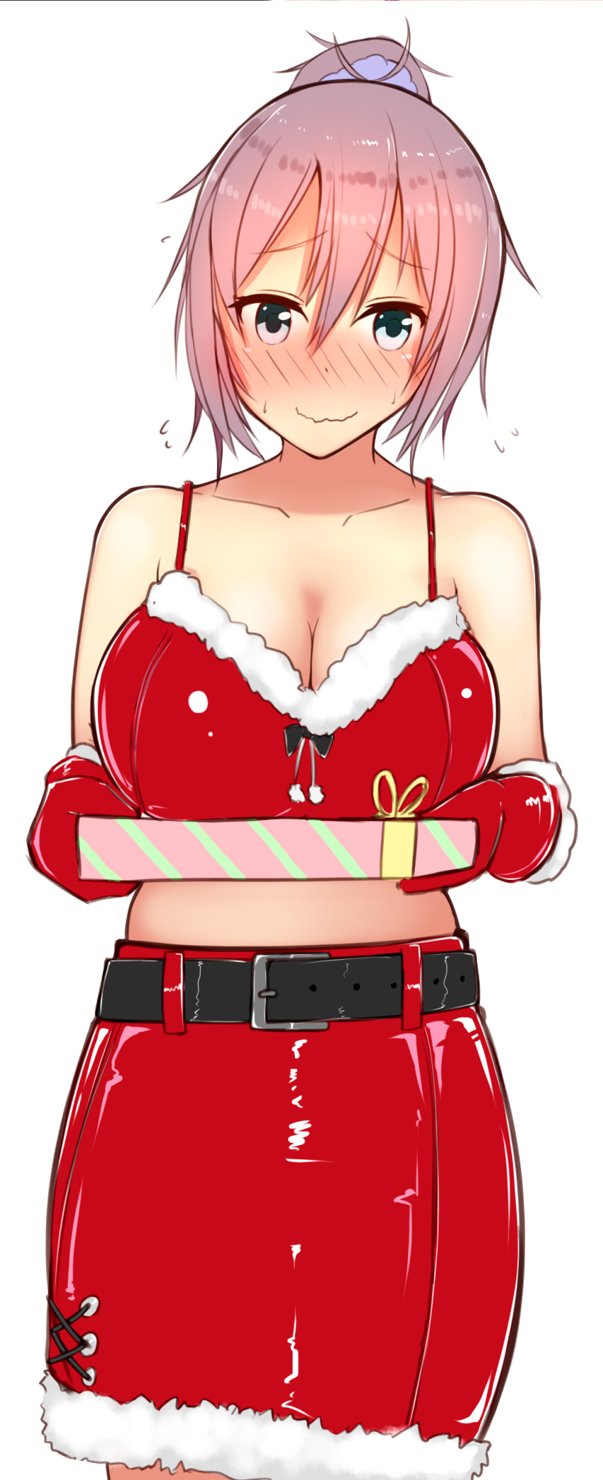 1girl absurdres aoba_(kancolle) bare_shoulders belt black_belt blue_eyes blush breasts christmas commentary_request cross-laced_clothes dress fur-trimmed_dress fur-trimmed_gloves fur_trim gift gloves highres kantai_collection katsuten latex latex_bra latex_gloves latex_skirt looking_at_viewer messy_hair midriff pencil_skirt pink_hair ponytail purple_hair red_gloves red_skirt santa_costume santa_dress scrunchie skirt smile solo