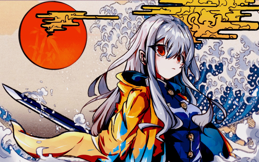 15183338668 1girl absurdres arknights buttons cape check_commentary clouds commentary commentary_request highres hood jacket kanagawa long_hair red_eyes red_sun silver_hair skadi solo sun sword tagme waves weapon yellow_jacket