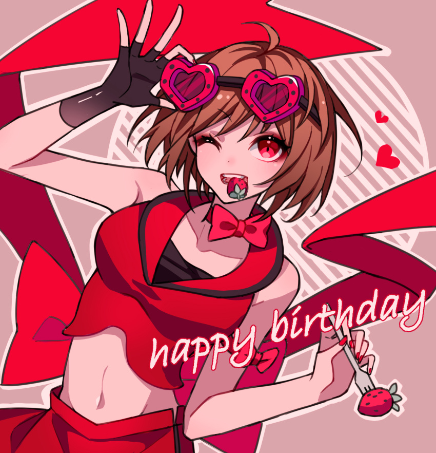 1girl ahoge black_gloves bow brown_hair commentary crop_top fingerless_gloves food food_in_mouth fork fruit gloves goggles goggles_on_head hand_up happy_birthday heart heart-shaped_eyewear highres holding holding_fork holding_goggles kazenemuri left-handed meiko midriff mouth_hold navel one_eye_closed red_bow red_eyes red_shirt red_skirt shirt short_hair single_glove skirt smile solo strawberry vocaloid