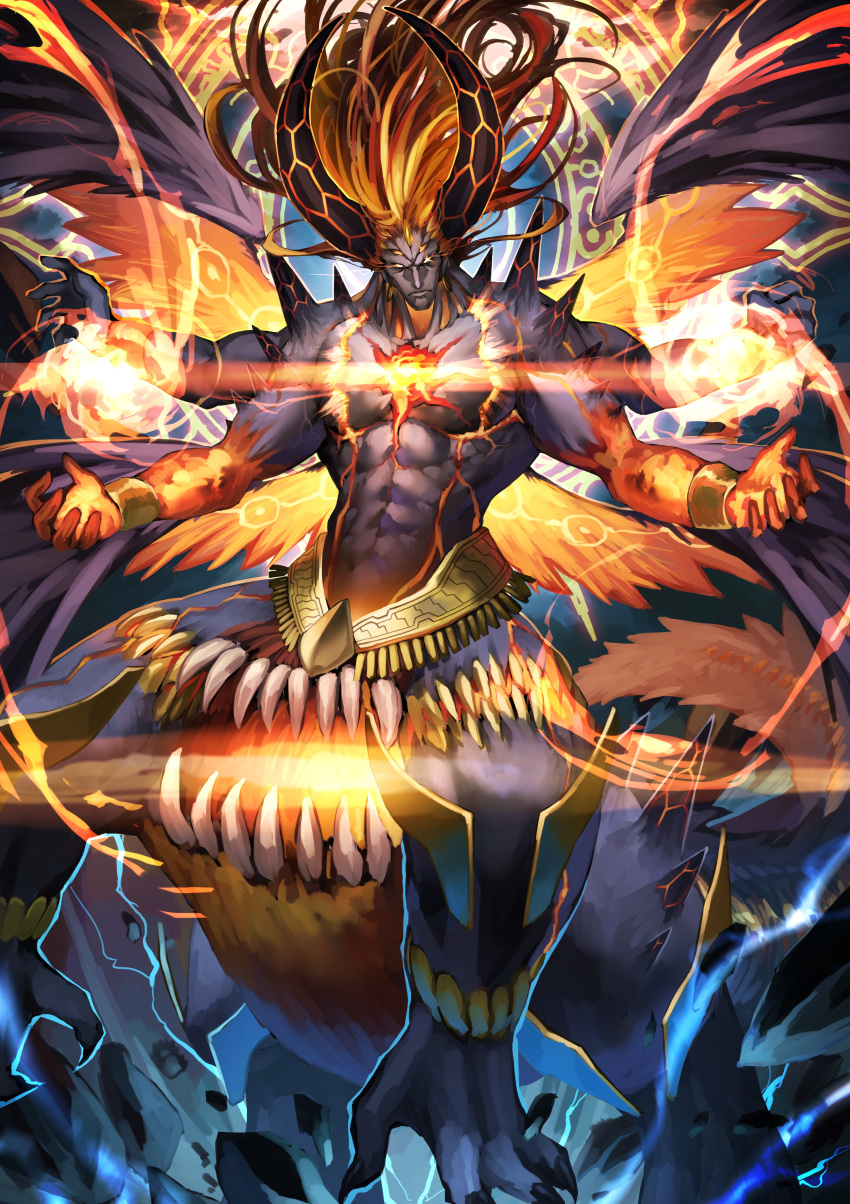 abs absurdres bracelet burning_eyes centauroid dark_skin dark_skinned_male extra_arms extra_eyes fighting_stance fire highres horns jewelry kamonegi_(meisou1998) long_hair looking_at_viewer magic_circle male_focus molten_rock muscle orange_hair original pebble spikes teeth very_long_hair wings yellow_eyes