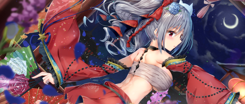 1girl bare_shoulders blurry bow breasts choker clouds crescent_moon depth_of_field detached_sleeves dutch_angle fan floral_print flower frills grey_hair hair_bow hair_flower hair_ornament highres holding idolmaster idolmaster_cinderella_girls kanzaki_ranko kanzashi kuria_(clear_trip_second) large_breasts long_hair long_sleeves looking_at_viewer looking_back miniskirt moon night night_sky outdoors outstretched_arms parted_lips petals red_eyes red_skirt rose sarashi sidelocks skirt sky solo twintails wide_sleeves