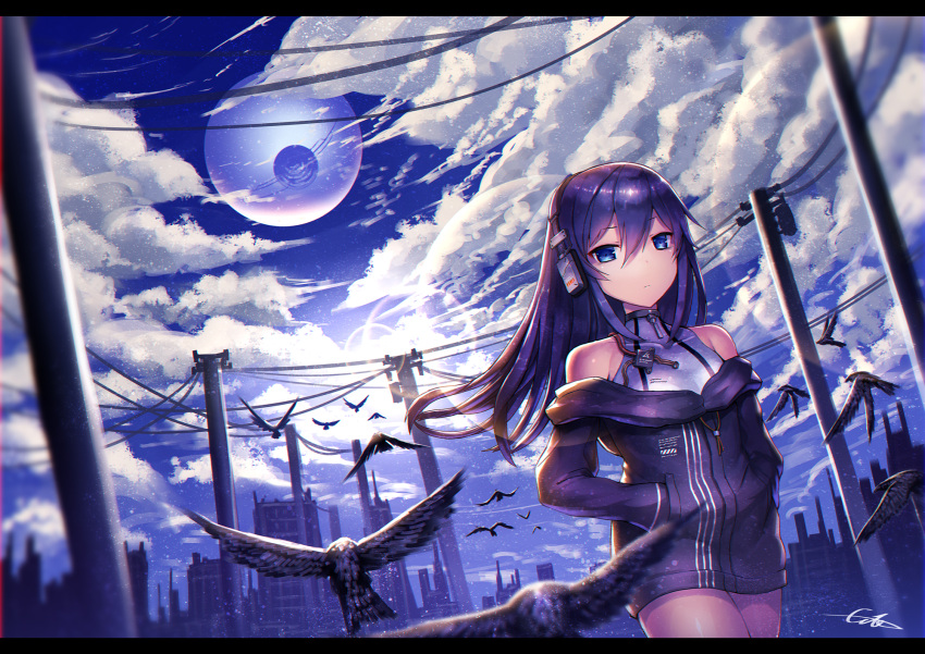 1girl bird black_hair blue_eyes blurry_foreground clouds day death_star eyebrows_visible_through_hair gia hair_between_eyes hands_in_pockets headphones highres jacket leotard letterboxed long_hair looking_at_viewer off_shoulder original overhead_line ruins signature solo star_wars walking wind