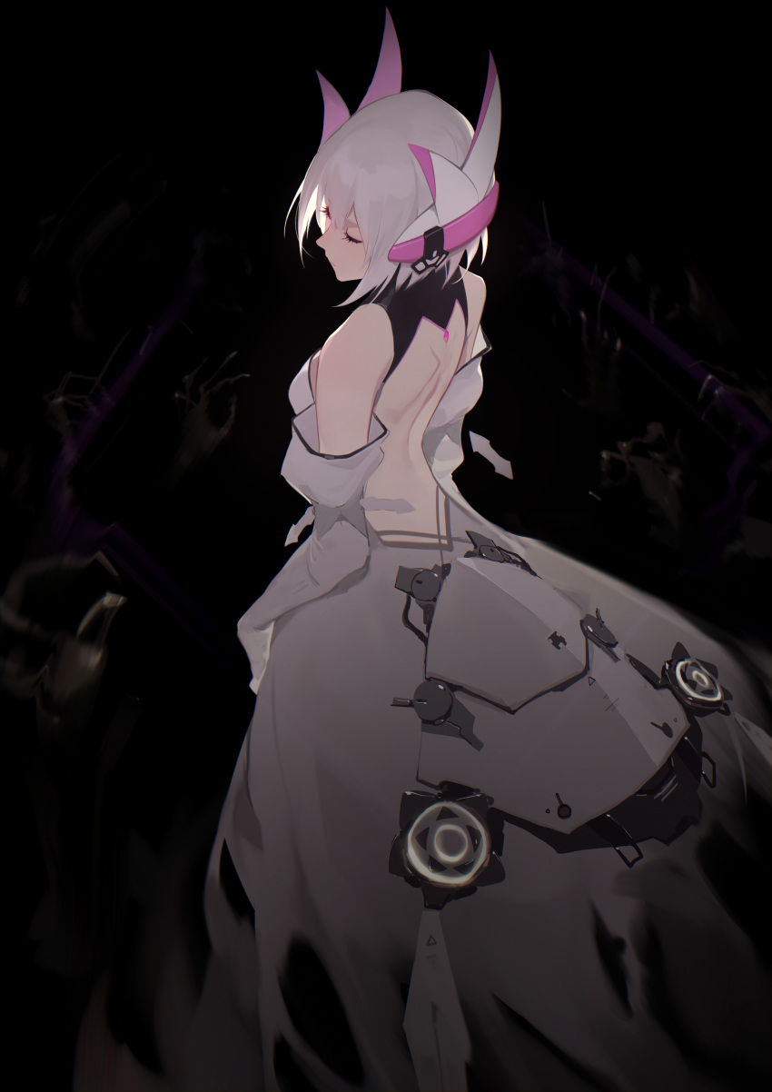 1girl absurdres backless_dress backless_outfit bangs bare_shoulders breasts closed_eyes dark_background daye_bie_qia_lian dress elbow_gloves from_behind gloves headgear highres liv_(punishing:_gray_raven) medium_breasts punishing:_gray_raven short_hair silver_hair solo standing white_dress
