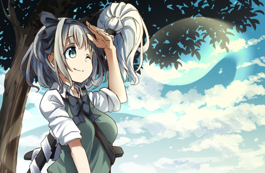 1girl bangs between_breasts black_neckwear blue_eyes blue_sky bow bowtie breasts clouds commentary_request day eyebrows_visible_through_hair green_vest hair_ribbon hand_to_forehead highres konpaku_youmu konpaku_youmu_(ghost) looking_to_the_side medium_breasts one_eye_closed outdoors pegashi ribbon scabbard sheath shirt short_hair short_sleeves silver_hair sky smile solo strap touhou tree upper_body vest white_shirt