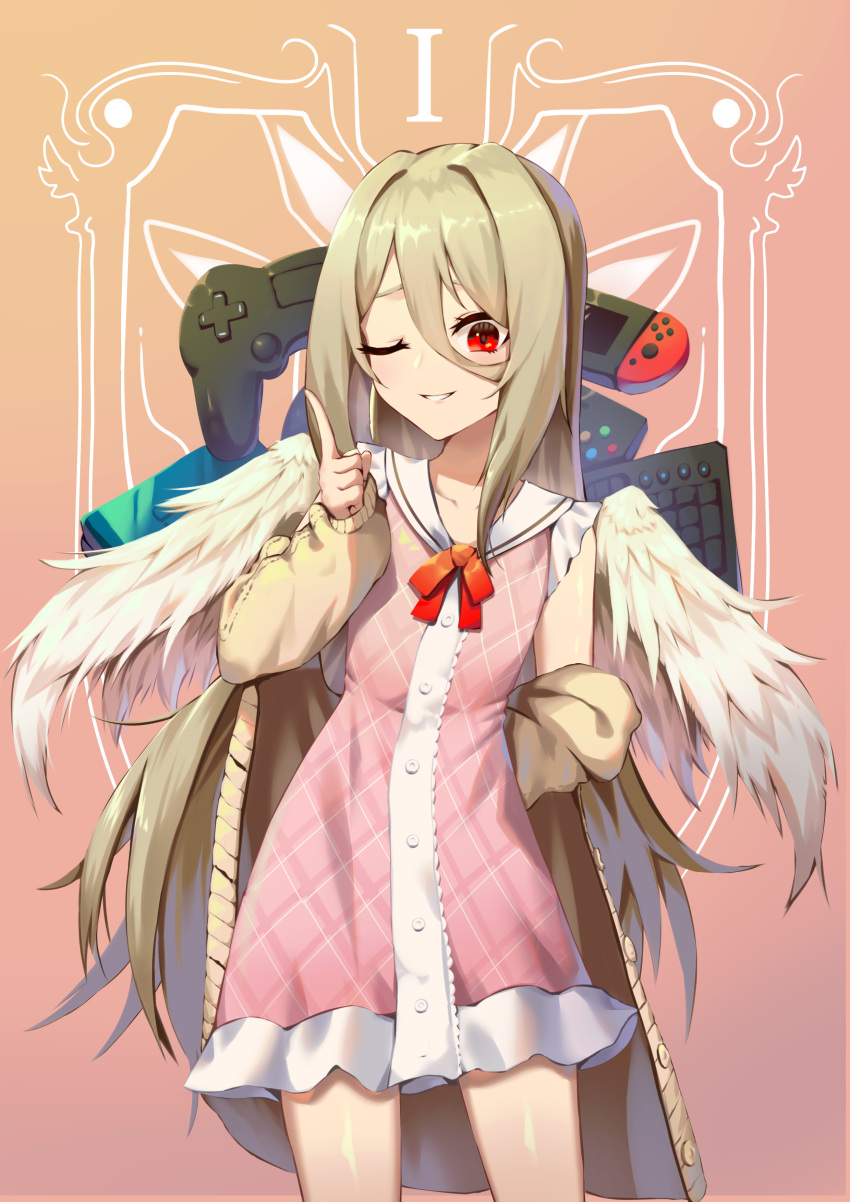 1girl absurdres bangs bow brown_background brown_hair brown_jacket collarbone controller dress eyebrows_behind_hair feathered_wings game_controller gradient gradient_background hair_between_eyes hair_intakes highres index_finger_raised jacket keyboard_(computer) long_hair long_sleeves looking_at_viewer nintendo_switch off_shoulder one_eye_closed open_clothes open_jacket original panix2383 parted_lips pink_dress puffy_long_sleeves puffy_sleeves red_bow red_eyes sailor_collar sailor_dress sleeves_past_wrists smile solo very_long_hair white_sailor_collar white_wings wings
