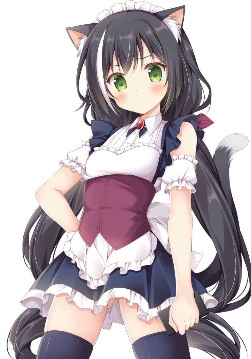 1girl alternate_costume animal_ear_fluff animal_ears apron bangs black_hair black_legwear black_skirt blush cat_ears cat_girl cat_tail closed_mouth collared_shirt commentary_request detached_sleeves enmaided eyebrows_visible_through_hair frilled_skirt frills green_eyes hand_on_hip highres holding korie_riko kyaru_(princess_connect) long_hair low_twintails maid maid_headdress multicolored_hair princess_connect! princess_connect!_re:dive puffy_short_sleeves puffy_sleeves shirt short_sleeves simple_background skirt sleeveless sleeveless_shirt solo streaked_hair tail tail_raised thigh-highs twintails very_long_hair waist_apron white_apron white_background white_hair white_shirt white_sleeves