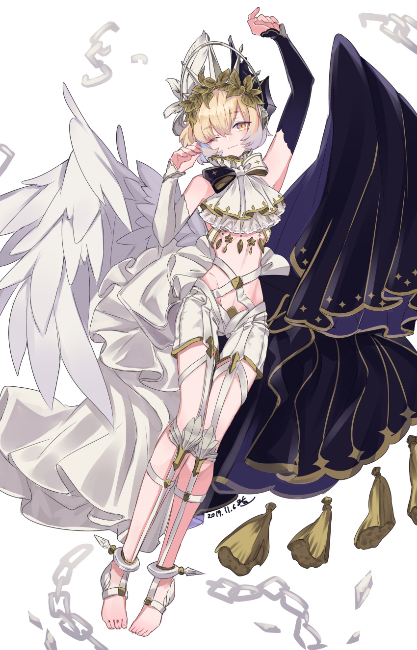 1girl absurdres arm_up asymmetrical_clothes asymmetrical_wings blonde_hair bow chain commentary_request cuffs dated detached_sleeves eyebrows_visible_through_hair full_body highres laurel_crown macchoko one_eye_closed original personification ribbon shackles short_hair single_tear smile solo tassel toeless_legwear white_background wings yellow_eyes