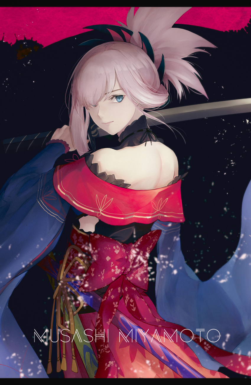 1girl back_bow bangs bare_shoulders blue_eyes bow character_name closed_mouth commentary_request eyebrows_visible_through_hair fate/grand_order fate_(series) from_behind hair_ornament hair_over_one_eye highres holding holding_sword holding_weapon japanese_clothes katana kimono letterboxed long_sleeves looking_at_viewer looking_back marumoru miyamoto_musashi_(fate/grand_order) obi pink_hair red_bow red_kimono sash sidelocks solo sword weapon wide_sleeves