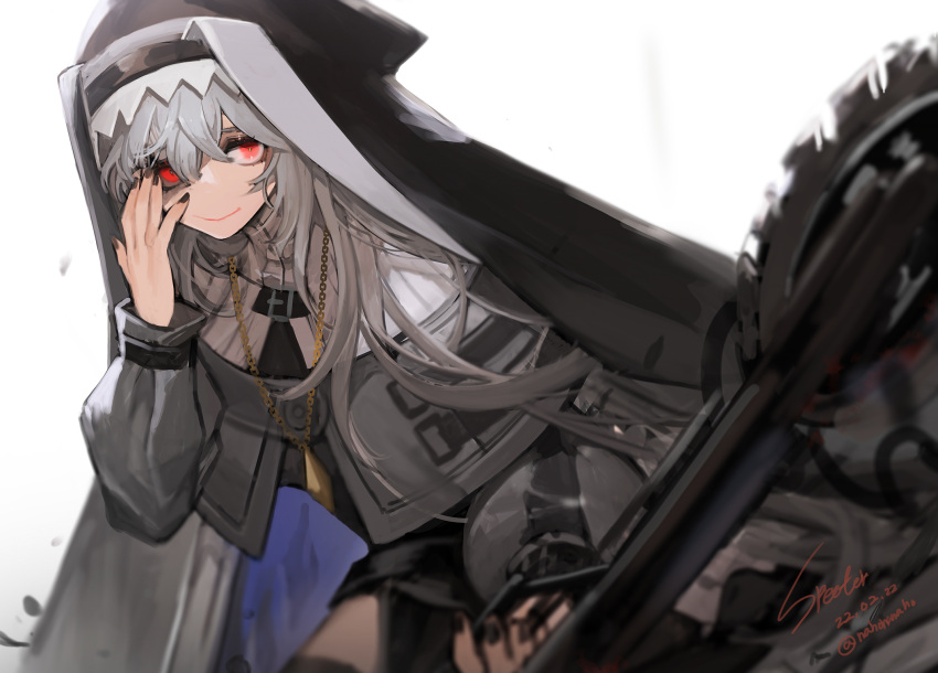1girl arknights bangs black_dress black_nails character_name closed_mouth dated dress eyebrows_behind_hair habit hair_between_eyes highres holding holding_weapon jewelry leaning_forward long_hair looking_at_viewer nahonanaho nail_polish necklace nun red_eyes saw shaded_face silver_hair simple_background smile solo specter_(arknights) twitter_username very_long_hair weapon white_background