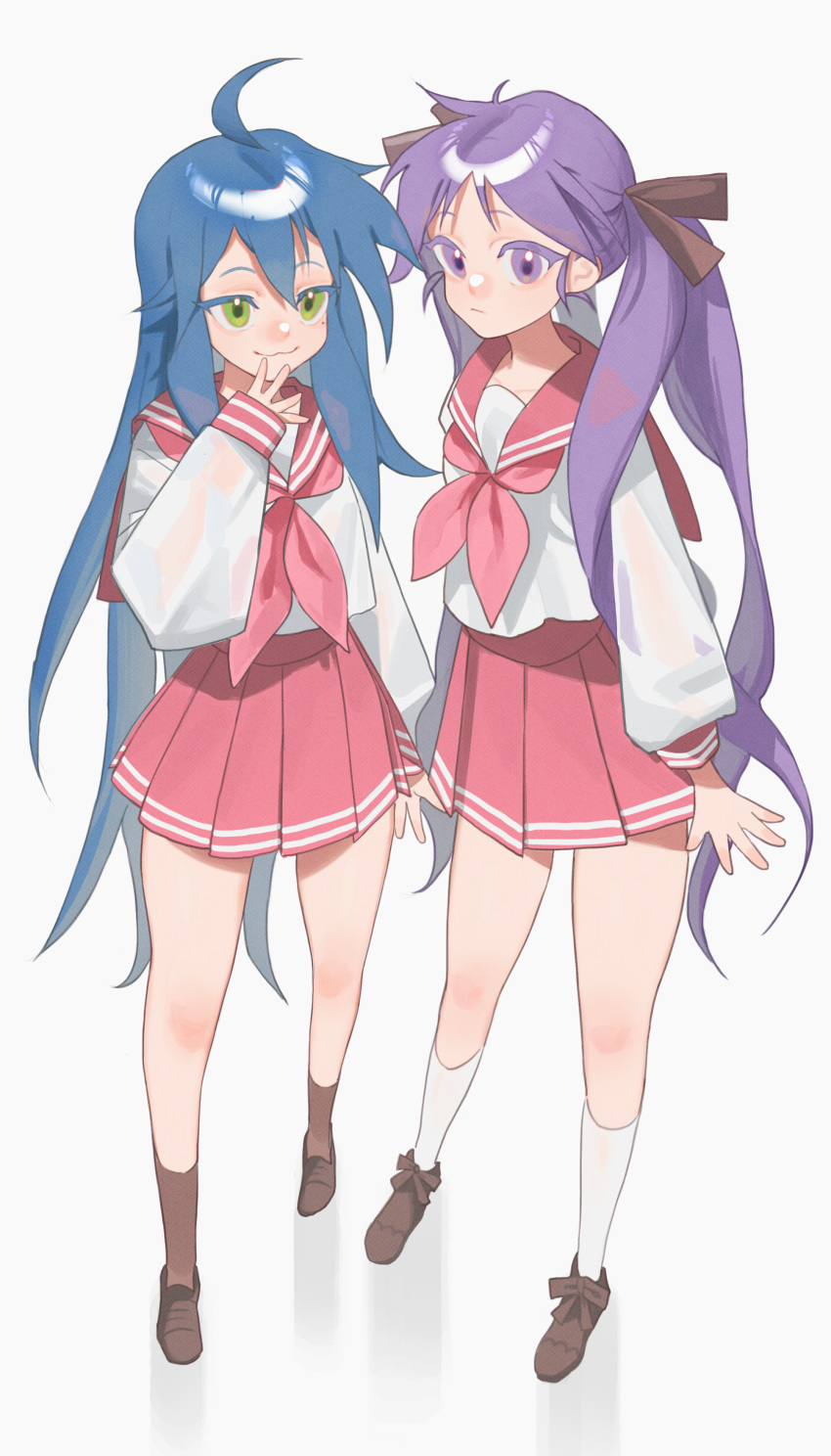 2girls :3 absurdres ahoge arms_at_sides bangs blue_hair bow brown_bow brown_footwear brown_legwear closed_mouth collarbone commentary double_horizontal_stripe footwear_bow full_body green_eyes hair_between_eyes hair_bow hair_ornament hand_on_own_face highres hiiragi_kagami ii3_(isse98) izumi_konata jitome light_frown loafers long_hair long_sleeves looking_at_viewer lucky_star multiple_girls neckerchief parted_bangs pleated_skirt purple_hair red_neckerchief red_sailor_collar red_skirt sailor_collar school_uniform serafuku shiny shiny_hair shirt shoes sidelocks simple_background skirt socks standing twintails very_long_hair violet_eyes white_background white_legwear white_shirt