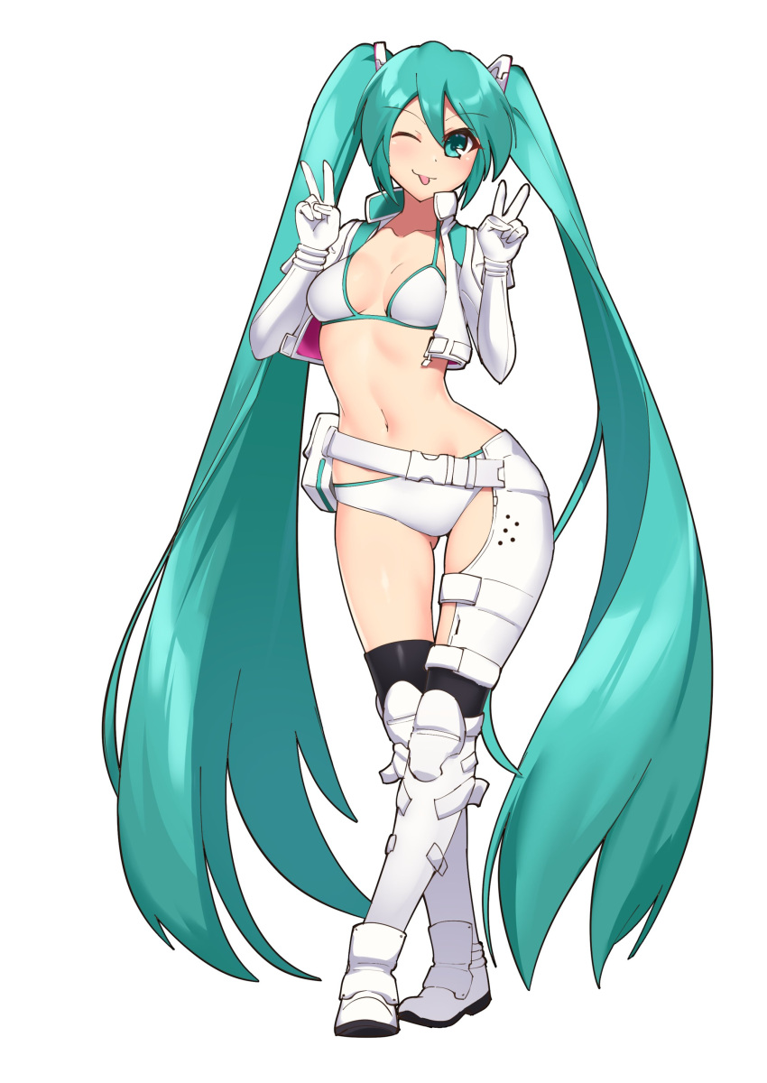 1girl ;p absurdres aqua_hair ass_visible_through_thighs bangs belt belt_pouch black_legwear boots breasts commentary cowfee cropped_jacket crossed_legs double_v elbow_gloves english_commentary eyebrows_visible_through_hair full_body gloves green_eyes hair_between_eyes hatsune_miku highres knee_boots long_hair looking_at_viewer navel one_eye_closed pouch simple_background small_breasts smile solo standing thigh-highs tongue tongue_out twintails v very_long_hair vocaloid watson_cross white_background white_footwear white_gloves