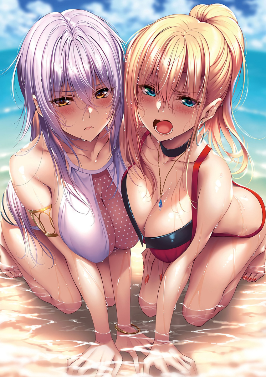 2girls all_fours armlet ayase_kaya ayase_touka_(piromizu) bangle barefoot beach bikini blonde_hair blue_eyes blurry blurry_background bracelet breasts choker cleavage_cutout closed_mouth comic_exe day depth_of_field earrings eyebrows_visible_through_hair fingernails fisheye frown hair_between_eyes highres hoop_earrings jewelry large_breasts long_fingernails long_hair looking_at_viewer multi-strapped_bikini multiple_girls nail_polish necklace open_mouth original outdoors piromizu ponytail purple_hair red_bikini red_nails sidelocks swimsuit wet wet_hair yellow_eyes