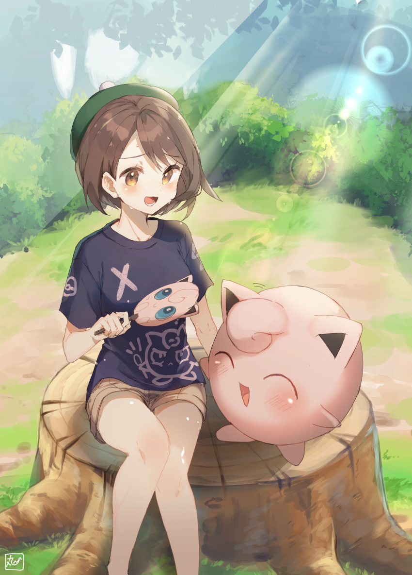 1girl :d ^_^ absurdres bare_legs black_shirt blush brown_eyes brown_hair brown_shorts bush closed_eyes commentary_request day fan feet_out_of_frame female_protagonist_(pokemon_swsh) forest gen_1_pokemon green_headwear happy highres holding holding_fan hot jigglypuff lens_flare light_rays motion_lines nature oomori_(kswmr) open_mouth outdoors paper_fan pokemon pokemon_(creature) pokemon_(game) pokemon_swsh shirt short_shorts short_sleeves shorts signature sitting smile sunbeam sunlight sweat tam_o'_shanter tree_stump uchiwa