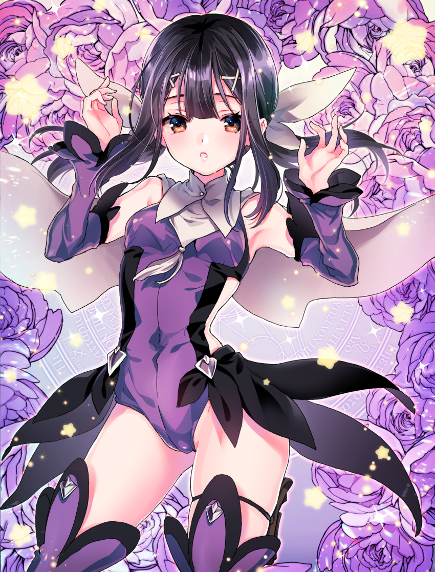 1girl 8_(siihachi) bangs black_hair boots breasts brown_eyes covered_navel cowboy_shot detached_sleeves fate/kaleid_liner_prisma_illya fate_(series) floating_hair flower hair_ornament hairclip highres leotard long_hair long_sleeves looking_at_viewer miyu_edelfelt open_mouth purple_flower purple_footwear purple_leotard purple_sleeves shiny shiny_hair small_breasts solo standing thigh-highs thigh_boots