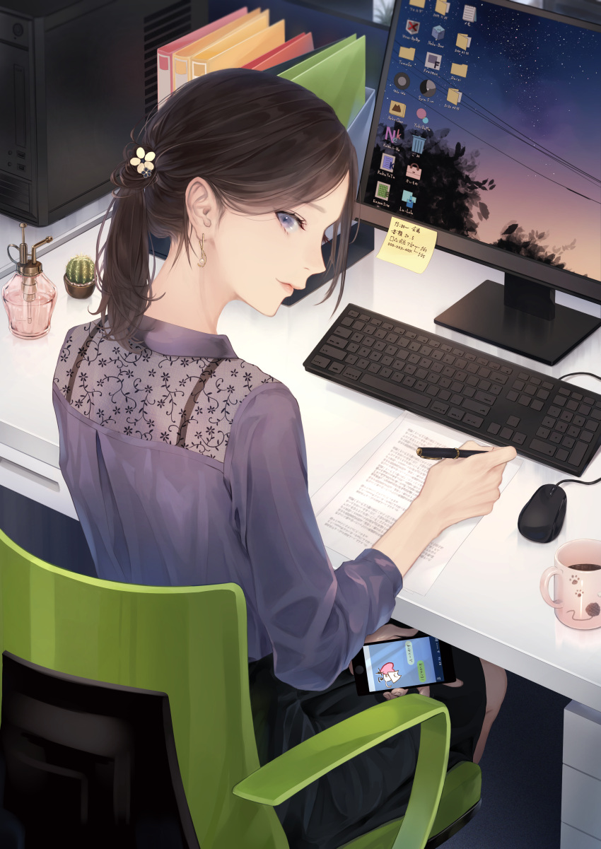 1girl absurdres binder black_skirt blue_eyes bottle brown_hair cactus cellphone chair coffee coffee_mug computer cup desk earrings flower hair_flower hair_ornament highres indoors jewelry keyboard_(computer) looking_at_viewer looking_back monitor mouse_(computer) mug nyaon_oekaki office_lady original paper perfume_bottle phone plant ponytail potted_plant sitting skirt smartphone sticky_note writing