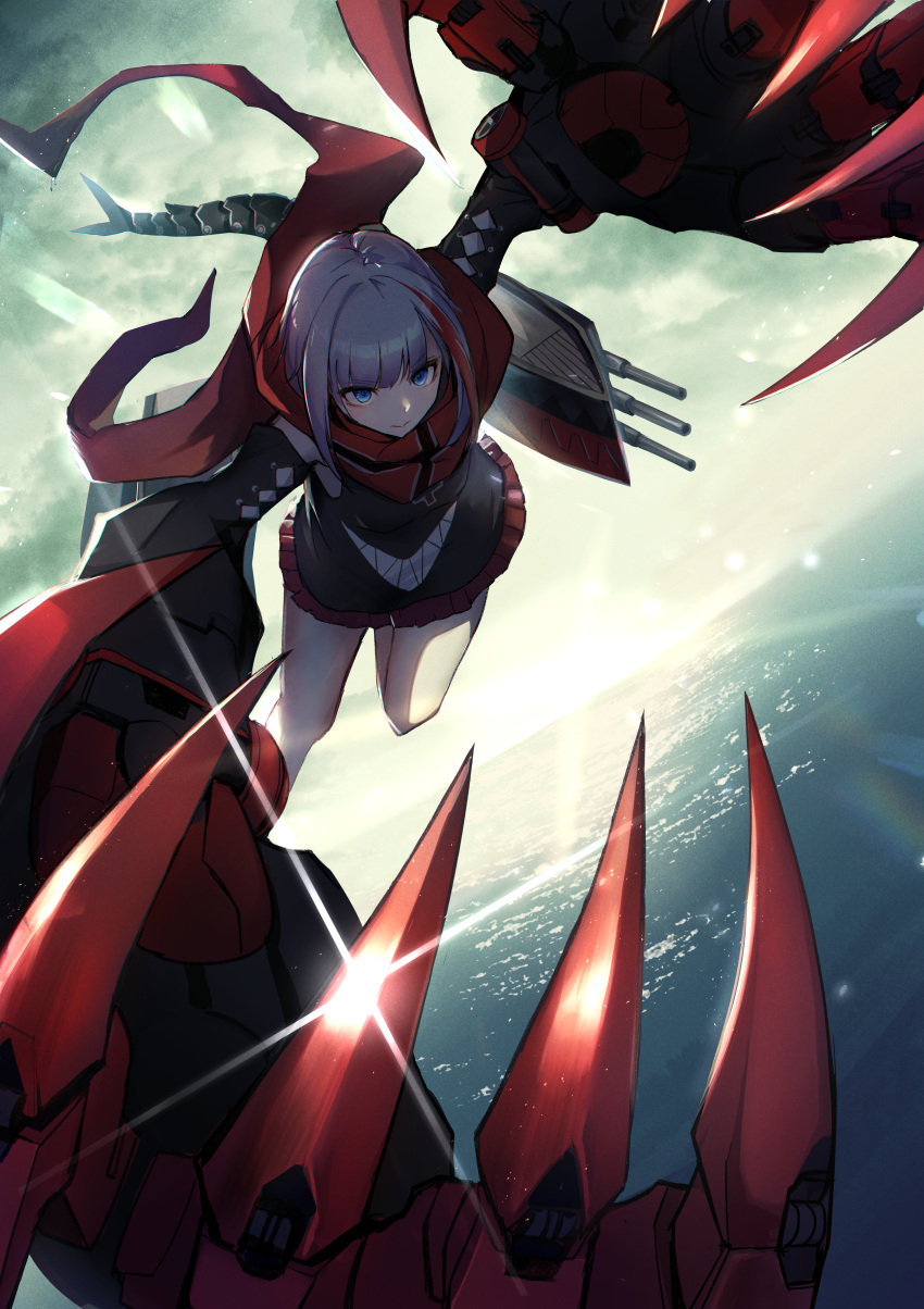 1girl absurdres admiral_graf_spee_(azur_lane) azur_lane backlighting bangs black_dress blue_eyes blunt_bangs breasts claws dress expressionless eyebrows_visible_through_hair highres huge_filesize jumping kagerou_(gigayasoma) long_sleeves looking_at_viewer mechanical_hands mechanical_tail multicolored_hair outdoors redhead rigging scarf short_hair sidelocks silver_hair small_breasts solo streaked_hair tail