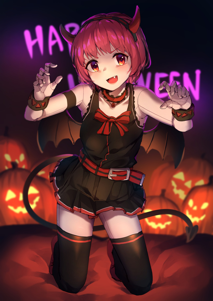 1girl alternate_costume demon_horns demon_tail demon_wings dorothy_haze fang halloween halloween_costume happy_halloween highres horns jack-o'-lantern mr.lime pink_hair red_eyes solo tail thigh-highs va-11_hall-a wings