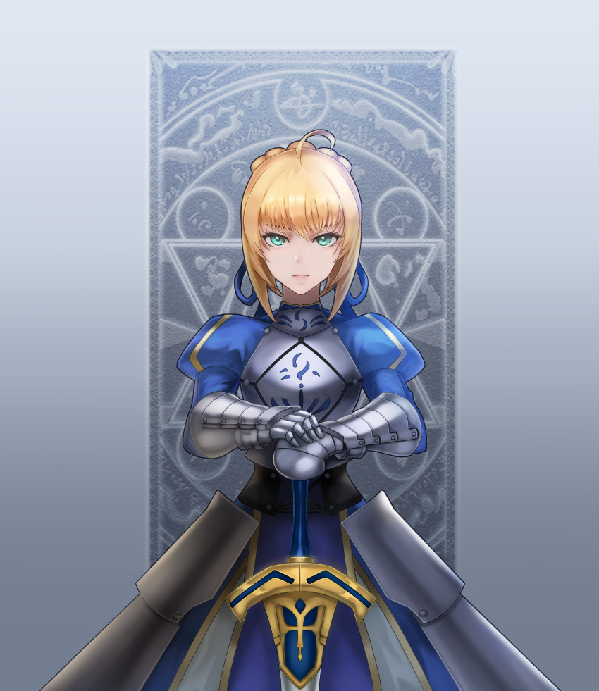 1girl absurdres ahoge armor armored_dress artoria_pendragon_(all) blonde_hair commentary dress eyebrows_visible_through_hair fate/stay_night fate_(series) gauntlets green_eyes hair_ribbon highres looking_at_viewer nayamer ribbon saber short_hair solo sword weapon
