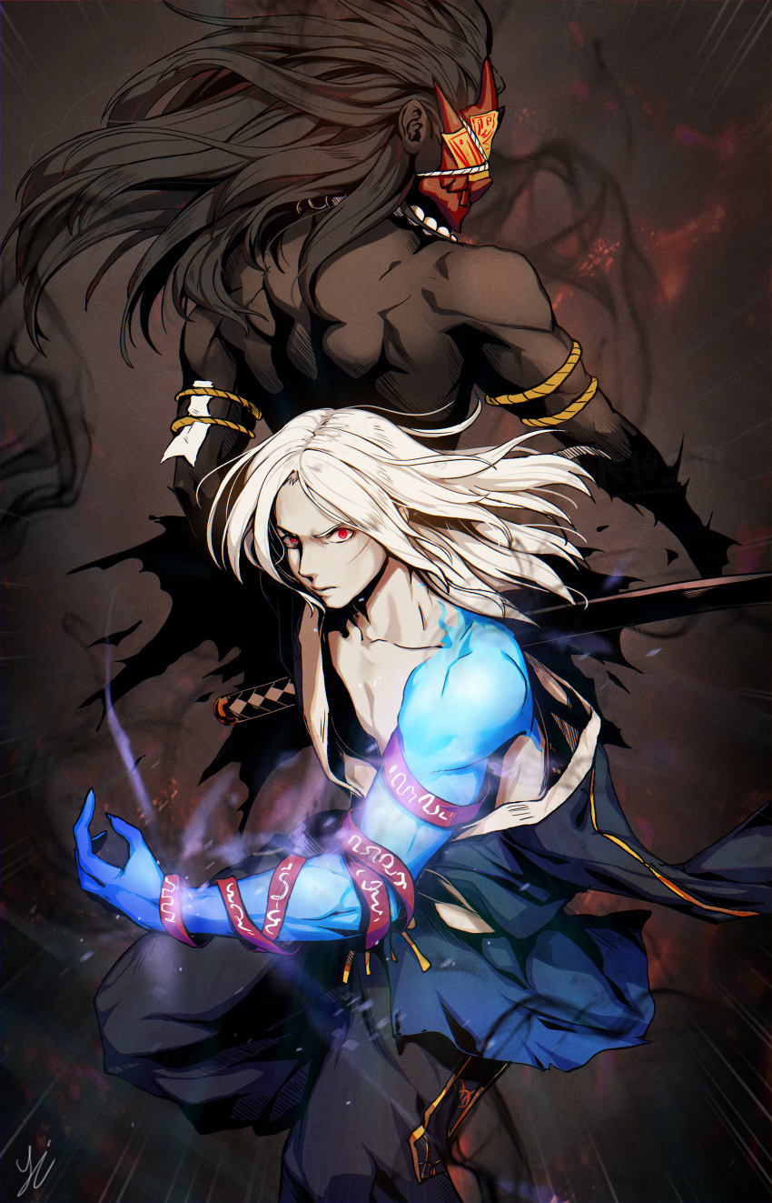 2boys absurdres back back-to-back bead_necklace beads blue_skin covered_face dark_skin dark_skinned_male downblouse dungeon_and_fighter facial_scar fighting_stance floating_hair ghost_slayer_(dungeon_and_fighter) ghostblade_(dungeon_and_fighter) glowing_skin hadanugi_dousa hair_slicked_back highres huge_filesize jewelry long_hair looking_at_viewer male_focus mask multiple_boys muscle necklace ofuda outstretched_arm pants pointy_ears ready_to_draw red_eyes rope scar serious shirtless slayer_(dungeon_and_fighter) smoke standing sword torn_clothes weapon white_hair y.i._(lave2217)